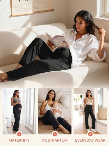 Summer Mae Viscose Maternity Pants Pregnancy Pajama Lounge Pant with Pocket - color: Black, size: X-Large