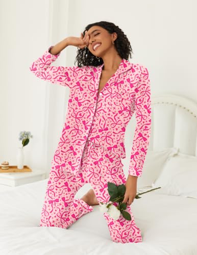Ekouaer Womens Pajamas Set Button Down Long Sleeve Top & Pants Lounge Sets - color: Big Rose Bow, size: Medium