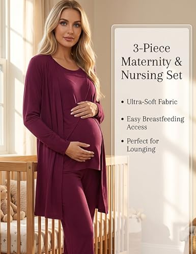 SWOMOG Maternity Nursing Robe Set 3 PCS Postpartum Breastfeeding Pajamas Hospital Pregnancy Pjs Double Layer Lounge Set - color: Burgundy, size: Medium
