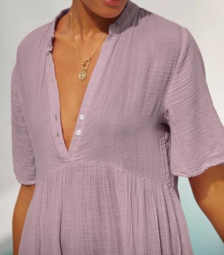 R.Vivimos Womens Summer Cotton Casual Flowy Maxi Dress - color: Dusty Purple, size: Medium