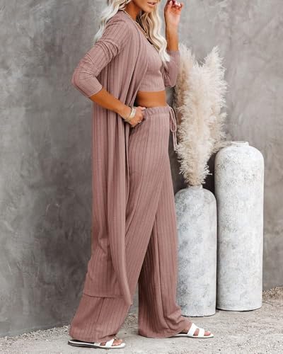 Fessceruna Womens 3 Piece Lounge Pajamas Sets Cute Vacation Matching Set - color: A-dusty Pink, size: X-Small