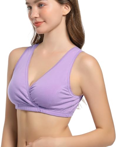 CAKYE 3 Pack Maternity Nursing Sleep Bra Breastfeeding Cotton Bralette - color: Navy Dot/Grey/Lavender, size: Medium