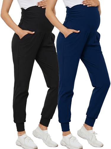 PARNIXS Maternity Two-Piece Set Basic Stretch Design with Pockets Soft Leggings for Active Moms Yoga Pants - Year-Round Wear - color: Black+deep Blue, size: Small