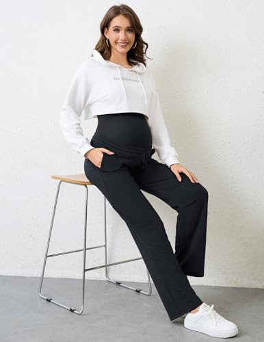 PACBREEZE Women's Maternity Pants Straight Leg Over Belly Casual Comfy Activewear Pregnancy Pants with Drawstrings(Black, Small)