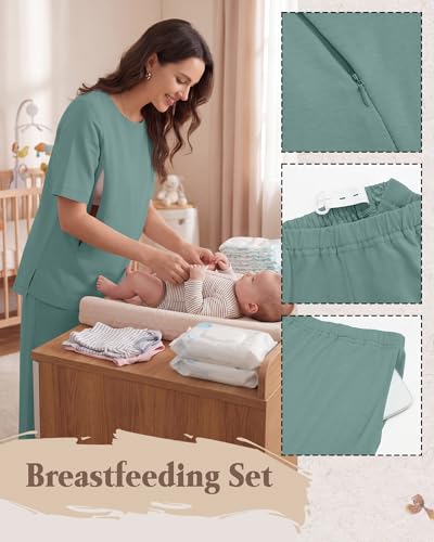 2Pc Postpartum Nursing Pajamas Set - color: Lake Green, size: X-Large