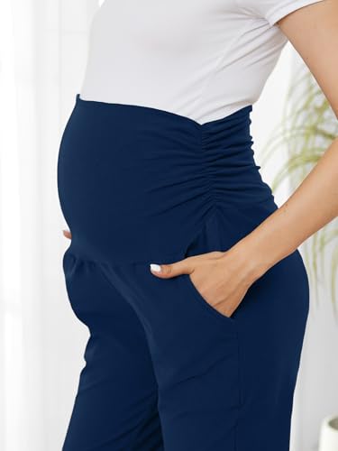 PARNIXS Maternity Two-Piece Set Basic Stretch Design with Pockets Soft Leggings for Active Moms Yoga Pants - Year-Round Wear - color: Black+deep Blue, size: Small