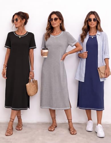 Ekouaer 3 Pack Long Nightgowns for Women Split Hem Sleepshirt - color: Black/Grey/Blue, size: Large
