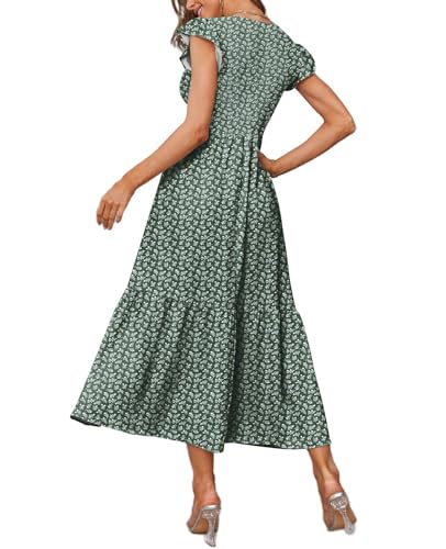 CzzzyL Women's Nursing Dress Flutter Sleeve Crew Neck Smocked Midi Pockets - color: Floralgreen, size: Medium