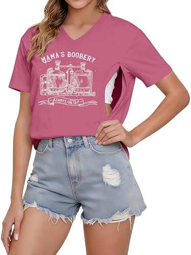 Nursing Shirts for Breastfeeding Women Zipper Maternity Graphic Tee - color: Light Pink, size: Large