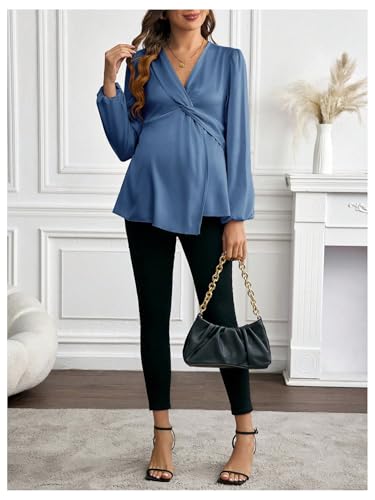 MakeMeChic Women's Maternity Shirts Blouse Satin Work Clothes Babydoll Tops - color: Blue, size: X-Large