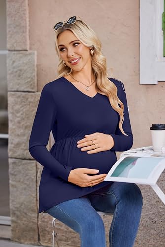 Ekouaer Maternity Shirts for Women Long Sleeve V Neck Fall Tops Clothes - color: Navy Blue, size: Large