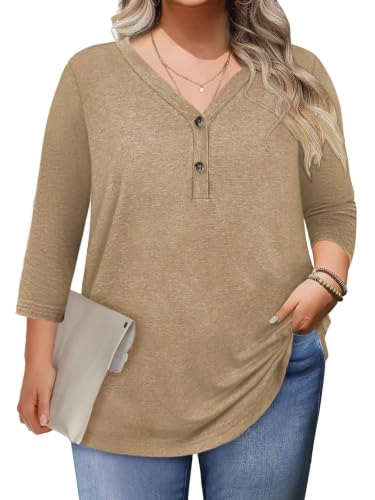 Womens Summer Plus Size 3/4 Length Sleeve Tops Button Down Shirts L-4XL - color: Beige, size: 3X-Large