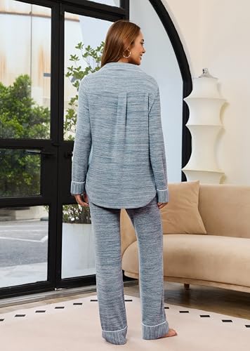 Anjue Pajamas For Women Set Long Sleeve Button Up Sleepwear Soft Pjs - color: 1blue, size: Large
