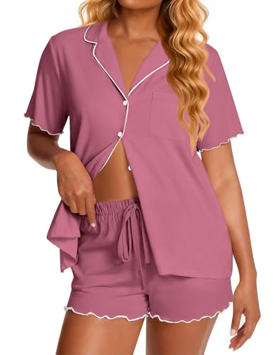 Ekouaer Womens Pajama Sets Bamboo Viscose Button Up Pjs 2 Piece Lounge Set - color: Dark Pink, size: X-Large