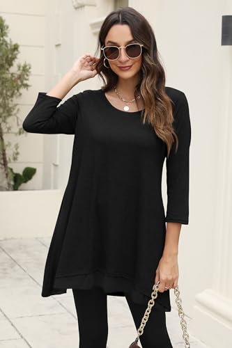 Poetsky Womens 3/4 Sleeve Tunic Tops for Leggings Long Shirts with Pockets - color: Black, size: Medium