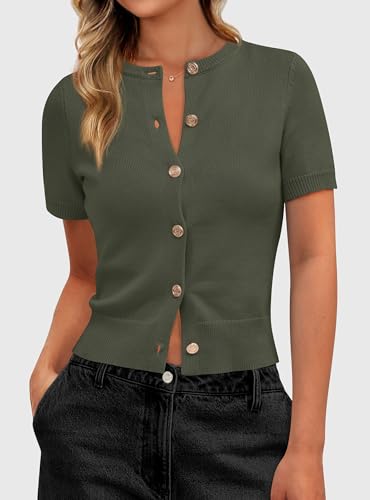 PRETTYGARDEN Womens Summer Cardigan Short Sleeve Sweater - color: Army Green, size: Small
