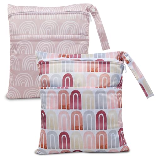 2pcs Waterproof Cloth Diaper Wet Dry Bags with Two Zippered Pockets - color: Pink Rainbows