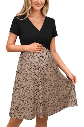 OUGES Women's Wrap V Neck Summer Casual Maternity Nursing Dress - color: Leopard, size: Large