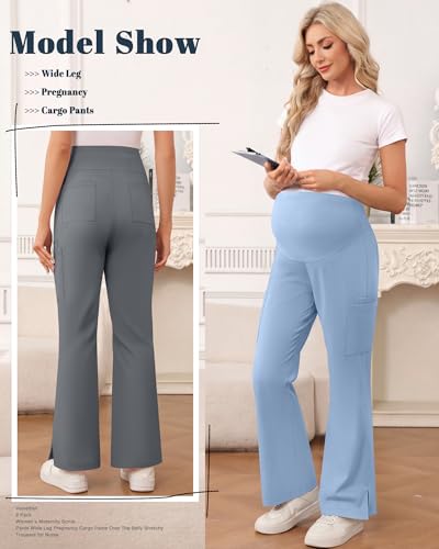 2 Pack Women's Maternity Wide Leg Cargo Scrub Pants - color: Cool Light Gray, Light Gray Blue, size: X-Large