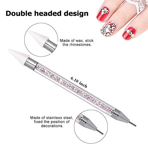 Nail Rhinestone Picker Dotting Tool with Extra 2 Wax Head, Dual-ended DIY Nail Art Tool With Pink Acrylic Handle - color: PINK