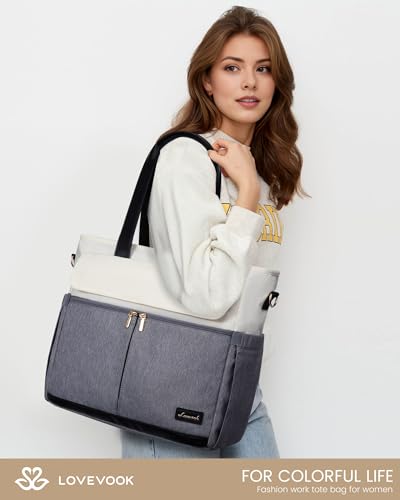 LOVEVOOK Laptop Bag for Women 15.6 Inch Canvas Laptop Large Capacity Work Bags Mutiple Pockets Teacher Bag Water Resistant Computer Bags for Business Travel Nurse, Gray Beige - color: Gray&beige, size: 15.6 Inch