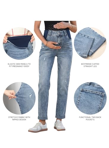BLENCOT Maternity Jeans High Rise Stretchy Waistband Straight Leg - color: Beau Blue, size: Small
