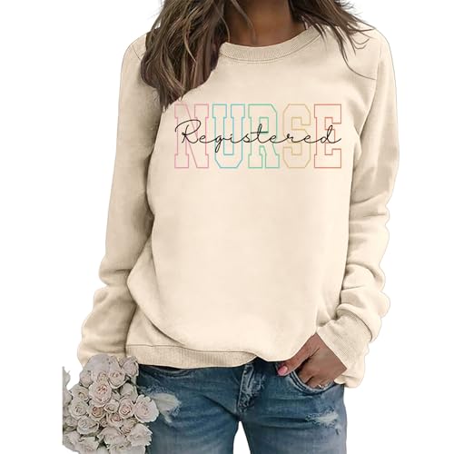 Registered Nurse Sweatshirt Women RN Nurse Long Sleeve Graphic Shirts - color: Beige, size: X-Large