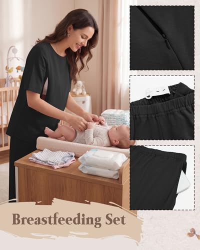 2Pc Postpartum Nursing Pajamas Set - color: Black, size: Small