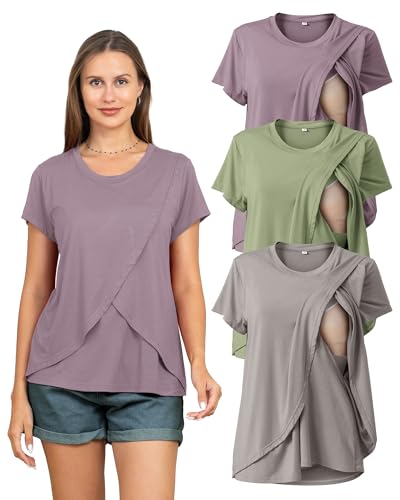 Rnxrbb 3 Pack Nursing Tops for Women Maternity Breastfeeding Shirts - color: Gray&purple&light Green, size: Medium