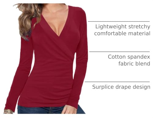Afibi Womens Slim Fitted Deep V Neck Cross Wrap Top Long Sleeve T-Shirts - color: Burgundy, size: Large