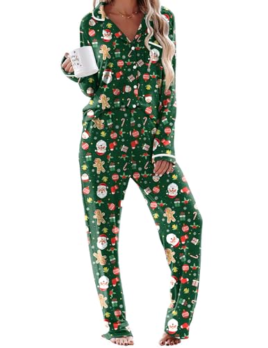 Ekouaer Womens Pajama Sets Long Sleeve Button Down 2 Piece Soft Pjs - color: Christmas Green, size: XX-Large