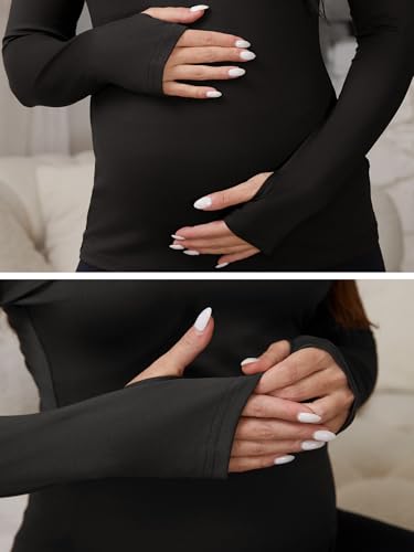 Women Maternity Stretchy Fitted Crew Neck Long Workout Tops - color: Black, size: XX-Large