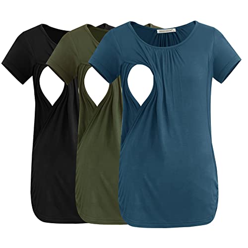 Smallshow Women's Nursing Tops Ruched Short Sleeve Breastfeeding Shirts 3-Pack - color: Army Green-black-grey Blue, size: Large