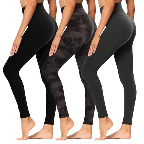Syrinx 3-Pack High-Waisted Leggings with Pockets for Women, Tummy Control - color: 3 Pack Black, Black Printed, Heather Grey, size: Large-X-Large