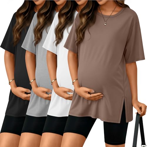 Riyiper 4 Pack Women's Short Sleeve Maternity T Shirts - color: Black, Light Heather Gray, White, Coffee, size: X-Large