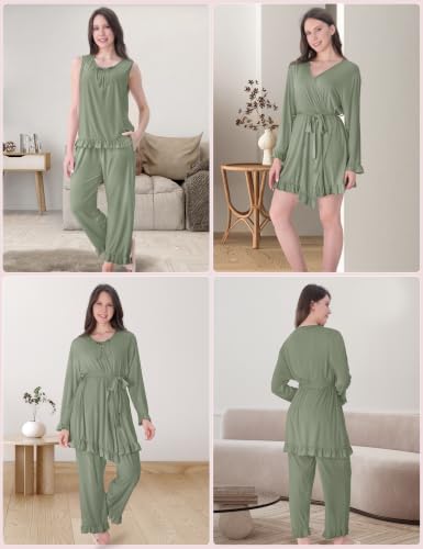 SUNNYBUY 3 PCS Ruffle Maternity Nursing Pajamas Set & Robe for Postpartum - color: Sage Green, size: Medium