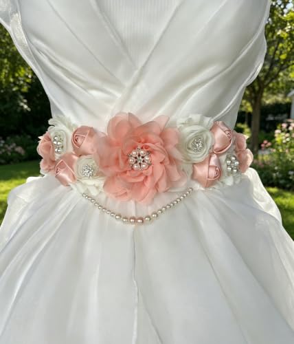 Handmade Baby Shower Sash Pearls Maternity Sash Flower Belt - color: Blush