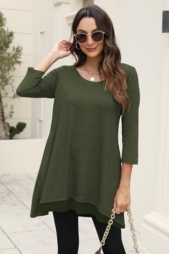 Poetsky Womens 3/4 Sleeve Tunic Tops for Leggings Long Shirts with Pockets - color: Army Green, size: Medium