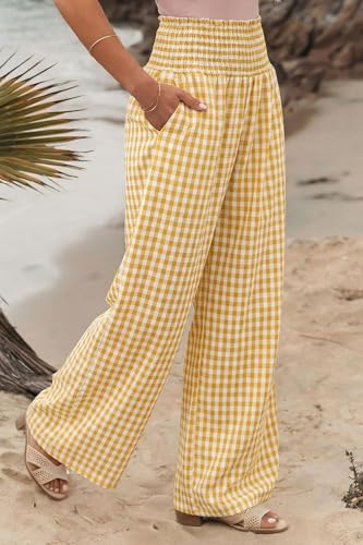 Dokotoo Women's Fall Gingham Wide Leg Casual Pants 2026 - color: Yellow, size: XX-Large