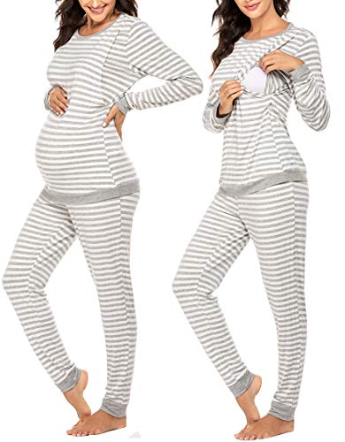 Ekouaer Nursing Pajamas Set Long Sleeve Maternity Clothes Thermal Underwear - color: Ash Light Gray Stripe, size: Medium