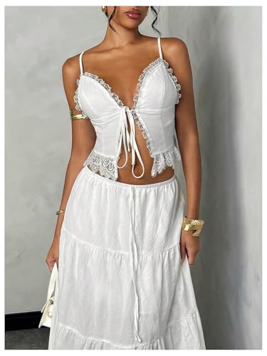 Floerns Women's 2 Piece Outfit Tie Front Camisole Top Tiered Maxi Skirt Set - color: White, size: X-Small