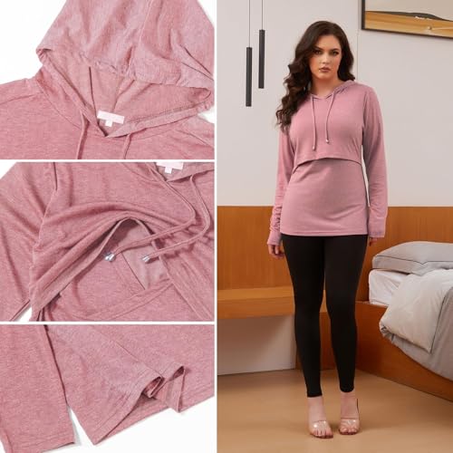 Bhome Nursing Shirt Long Sleeves Hoodie Breastfeeding Top Sweatshirt - color: Grey Stripe/Rose Red, size: Large