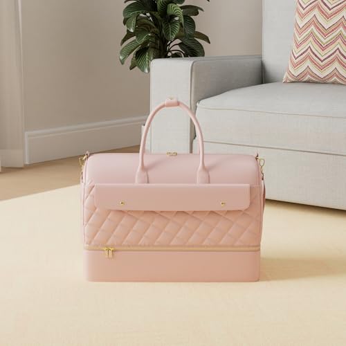 Wedama Travel Duffel Bag, Large Weekender Bag for Women with Shoe Compartment, Carry on Overnight Bag with Toiletry Makeup Bag, Gym Duffel Bag Travel Tote Bag for Travel Gym Camping Hospital, Pink - color: Pink, size: Large