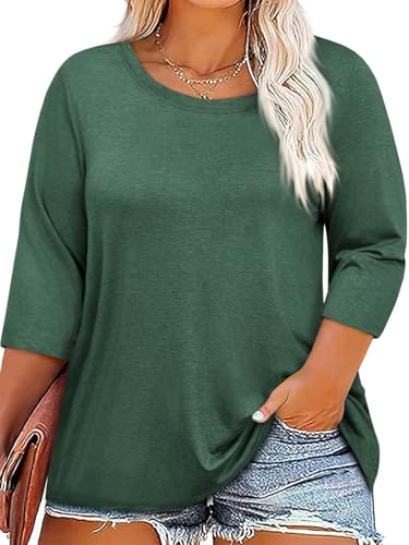 ZDC Womens Plus Size Shirts 3/4 Sleeve Tops Casual Crew Neck Blouse - color: Green, size: 5X-Large