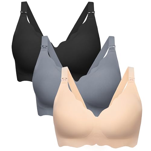 Angelhood Nursing Bras for Breastfeeding 3 Pack Seamless Maternity Bra - color: Black/Blue/Nude, size: Medium
