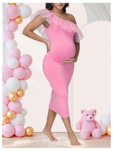 OYOANGLE Women's Maternity Ruffle One Shoulder Dress Bodycon Midi Dresses - color: Pink, size: Medium