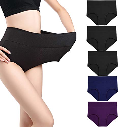 wirarpa Women's Underwear High Waisted Ladies Cotton Panties Soft Full Coverage Briefs 5 Pack - color: Black/Blue/Purple, size: Small
