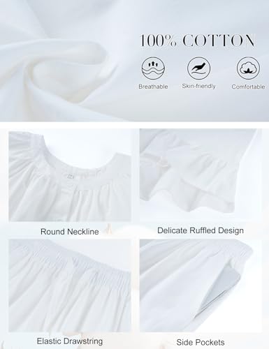 Kissonic Womens Pajamas Set 2 Piece Cotton Ruffle Summer Shorts Sets - color: White, size: Medium