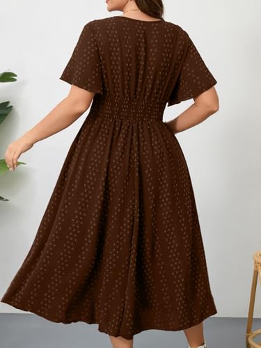 RWJ Women's Plus Size Maxi Dress V Neck Short Sleeve Swiss Dot Swing Summer - color: Chocolate Brown, size: Large Plus