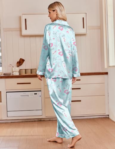 Ekouaer Silk Satin Pajamas for Womens Button Up Long Sleeve Pjs Lounge Set - color: Cat Print, size: X-Large